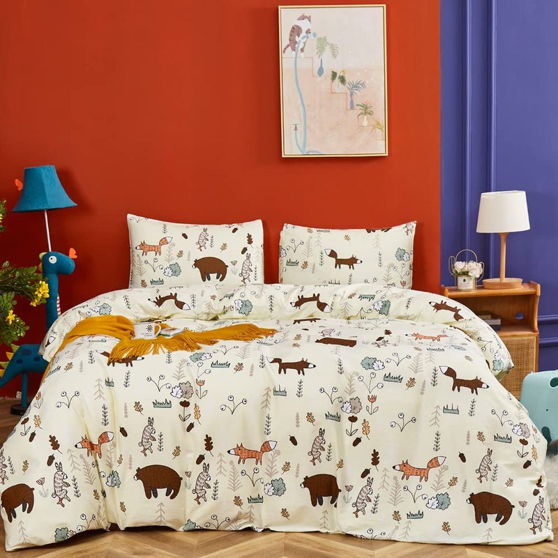 CLOTHKNOW Yellow Bear Queen Comforter Set 3Pcs Kids Bedding Comforter Sets Cute Animal Fox Woodland Forest Comforter with 2 x Pillow Cases - Image 1